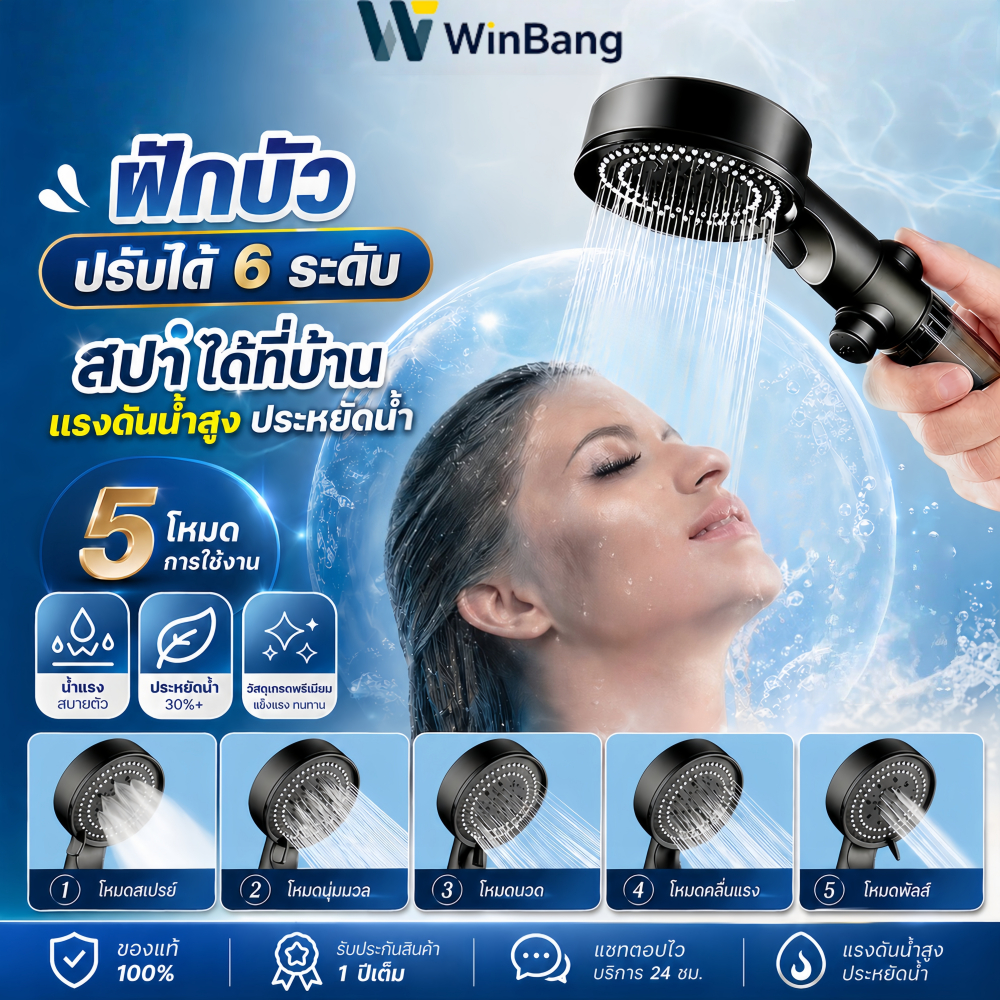 WinBang ฝักบัวแรงดันสูง ชุดฝักบัวอาบน้ำกรองน้ำ ปรับได้ 5 โหมด พร้อมไส้กรองสำรอง+สายยาง1.5m+วงเล็บ