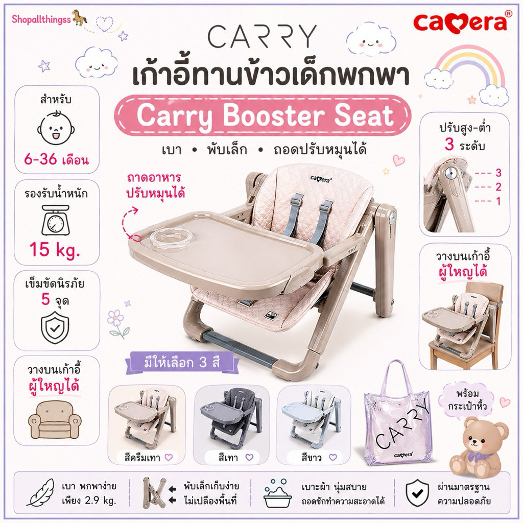 (ประกัน3ปี) Camera เก้าอี้ทานข้าวเด็กพกพา เก้าอี้ทานอาหารเด็กพกพา Carry Booster Seat เบา พับเล็ก มีกระเป๋าหิ้ว