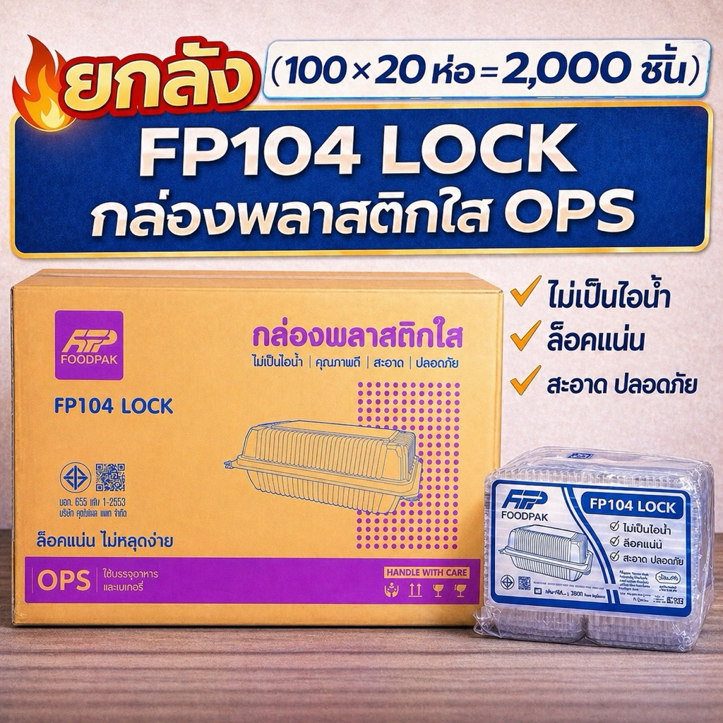 (ยกลัง) กล่องใส่อาหาร FP 104 LOCK ฝาล็อค OPS (100ชิ้นx20แพ็ค) กล่องพลาสติกใส กล่องใส่ข้าว