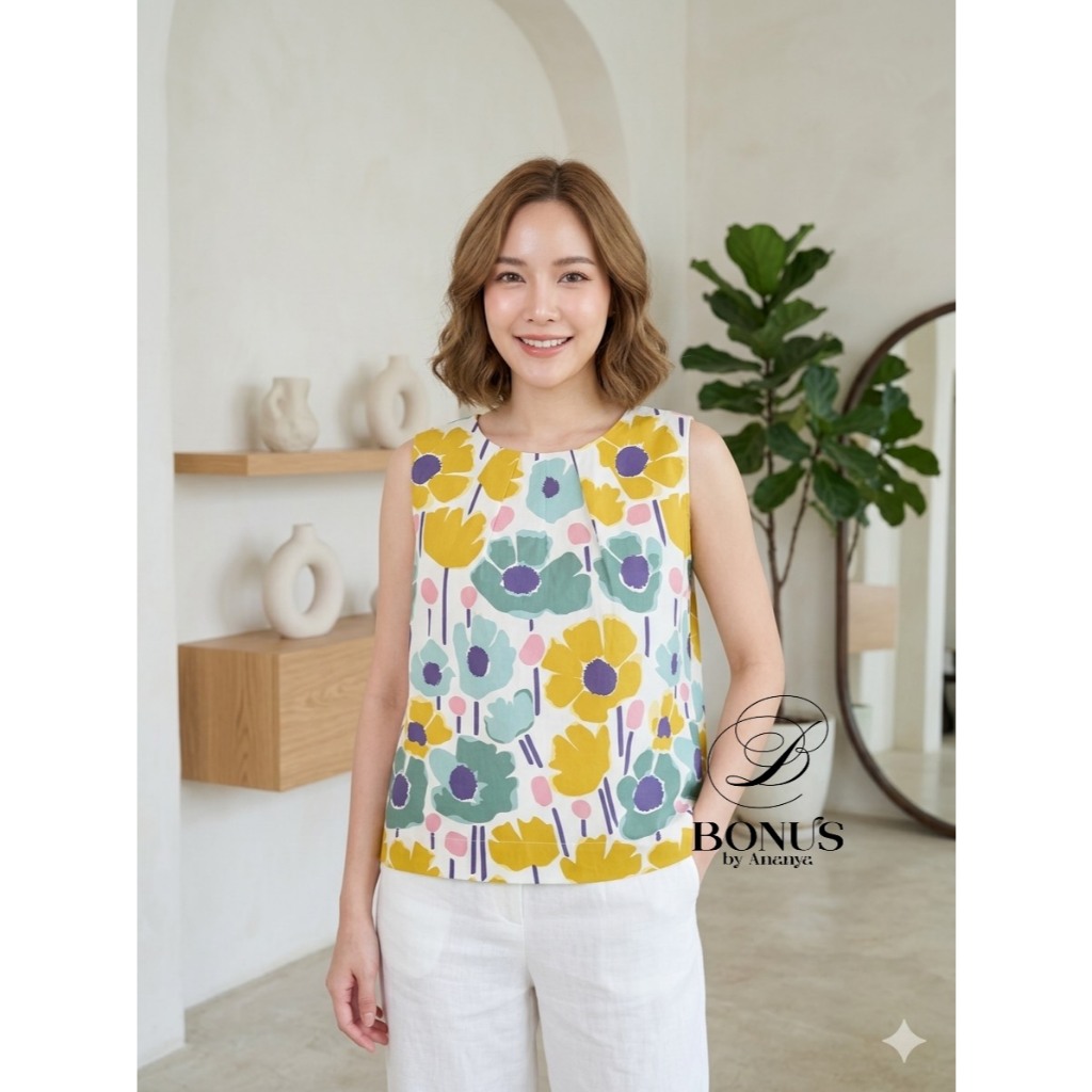 เสื้อคอกลมแขนกุด จับจีบคอเสื้อ ผ้าคอตตอลญี่ปุ่น ป้ายBonus by Ananya 2842569