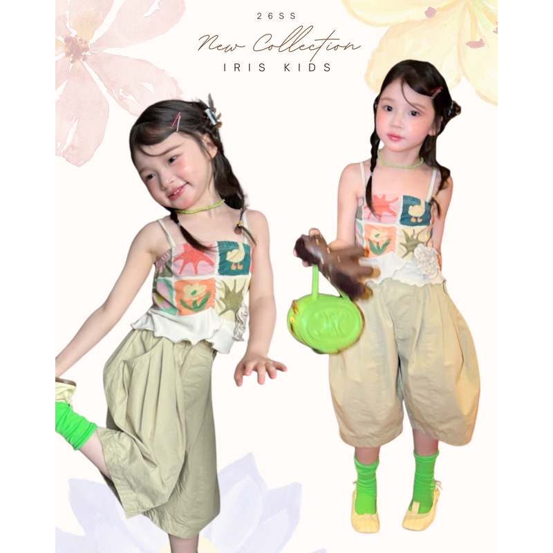 「สินค้าลิขสิทธิ์แท้」IRIS KIDS 26ss IKS260371 Sunny Play shirt/pants ชุดเด็กผู้หญิง สีสันสดใส เสื้อสายเดี่ยว กางเกงขายาว