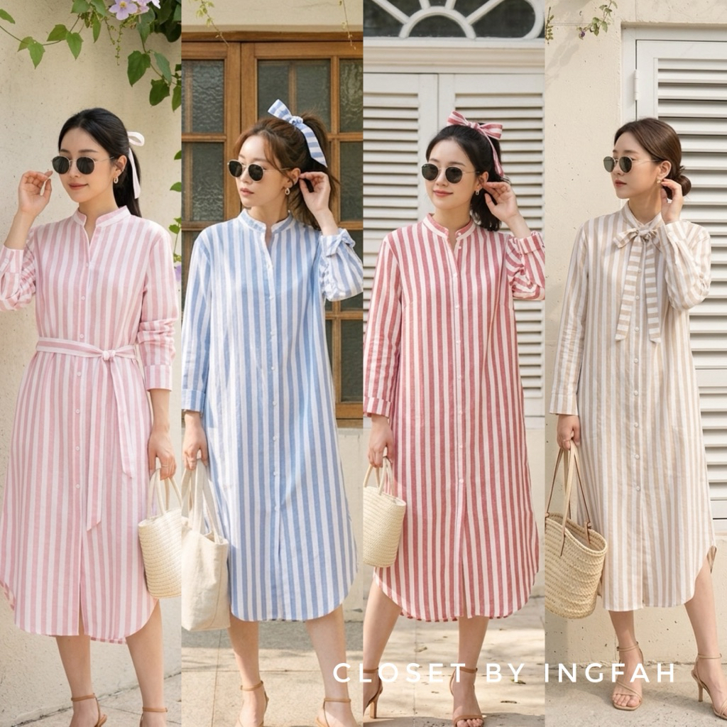 Cotton dress ชุดเดรสคอจีน ลายริ้ว กระดุมหน้า แขนยาว