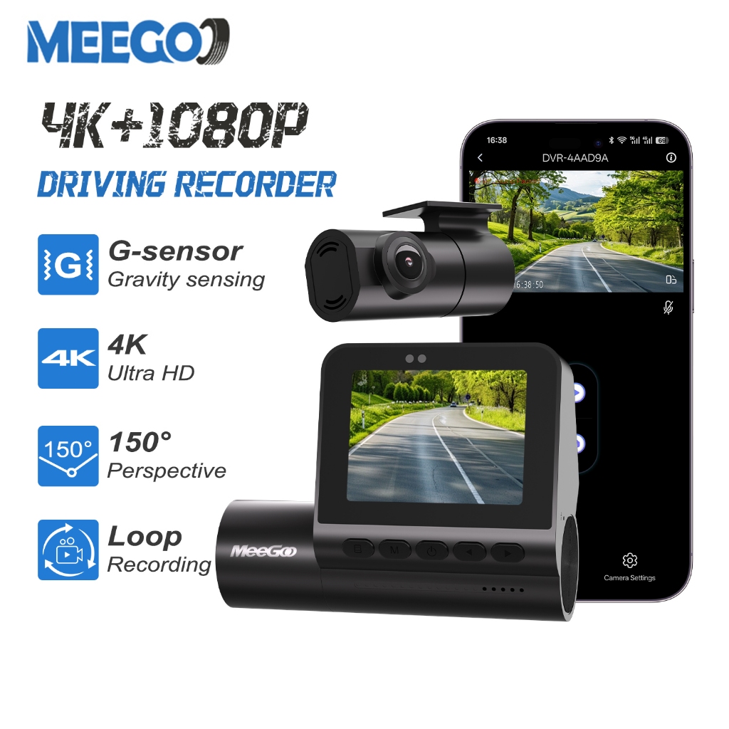 MeeGoo กล้องติดรถยนต์หน้า/หลัง 4K HD 1080P G-sensor เชื่อมต่อWiFi ดูออนไลน์ผ่านมือถือ กลางคืนเห็นชัด