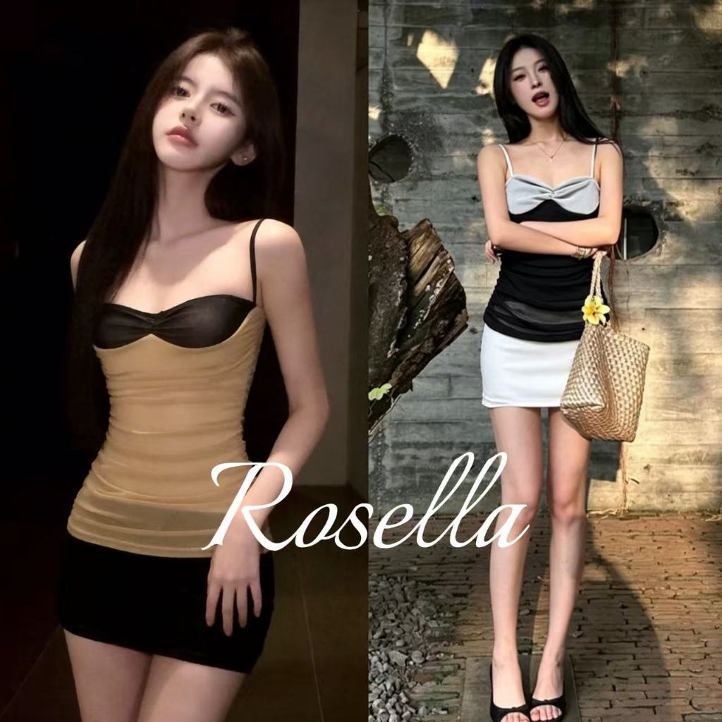 Rosella【สินค้าใหม่👗】เสื้อสายเดี่ยวผ้าตาข่ายสองชั้นสีสันสดใส ดีไซน์เซ็กซี่ ช่วยเสริมรูปร่างให้ดูสง่างามและมีระดับ