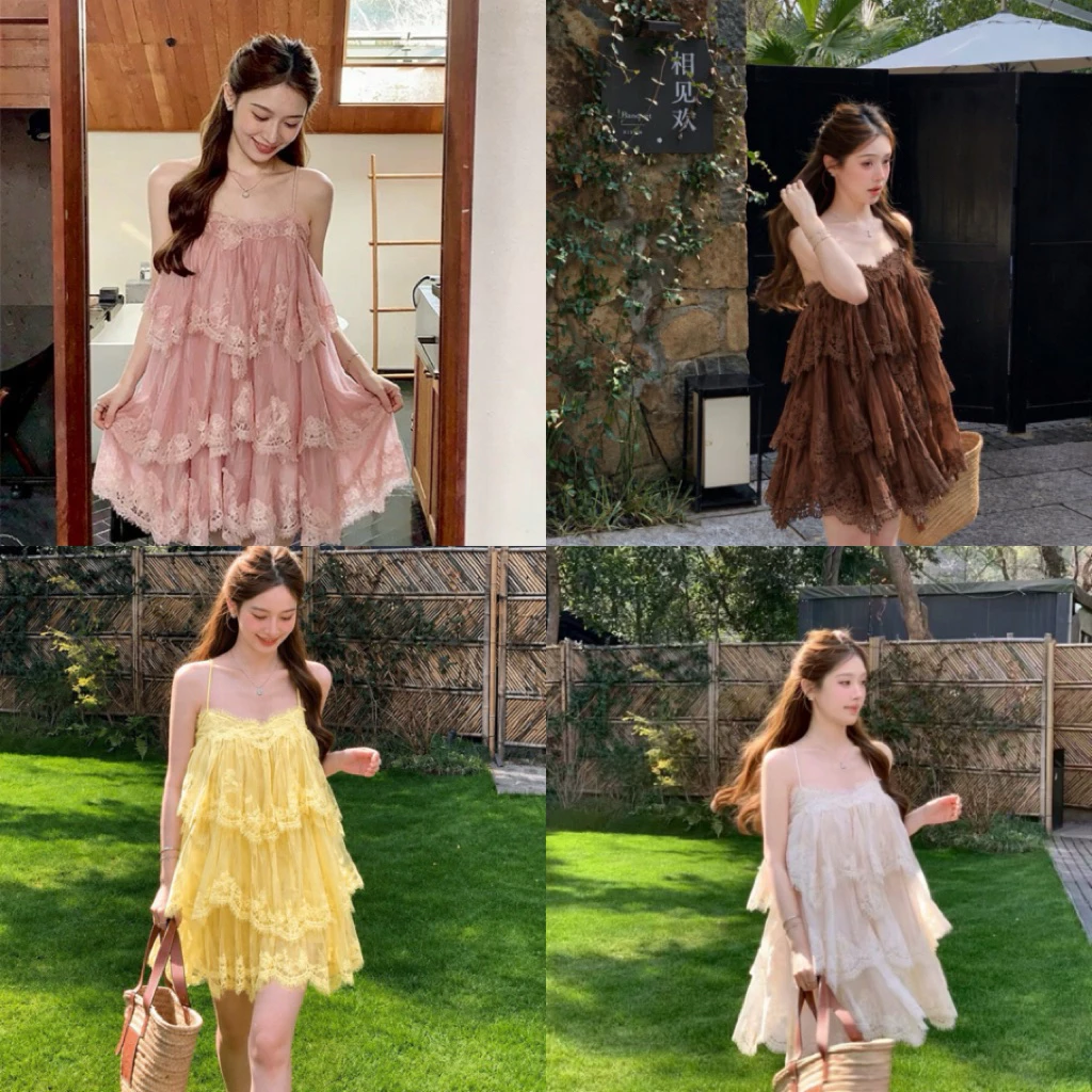 MAYU✨พร้อมส่ง✨🌸มินิเดรสสั้นแต่งชั้นขอบลูกไม้ดีเทลแน่น