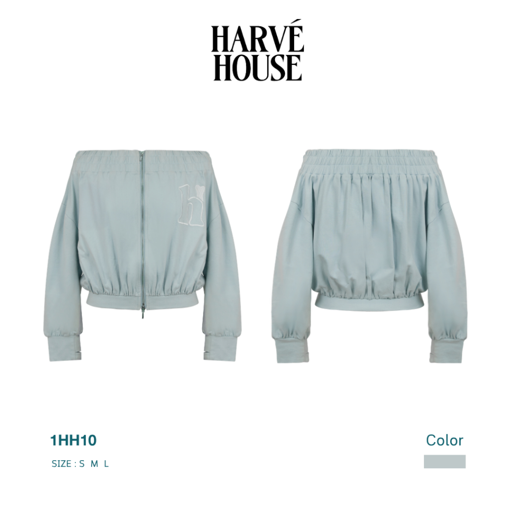Harve House | Off Shoulder Sweater เสื้อสเวตเตอร์ off shoulder ซิปหน้า โลโก้ “h” ปัก ใส่สบาย หวานนิดๆ
