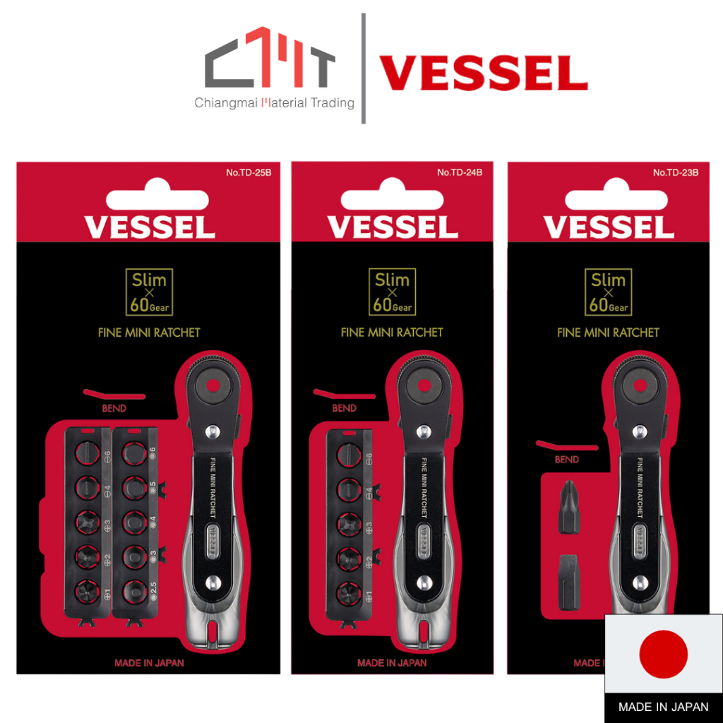 VESSEL ไขควงฟรีขันที่แคบ 60T คอ 45 องศา No.TD-23B, TD-24B, TD-25B (Fine Mini Ratchet Screwdriver)