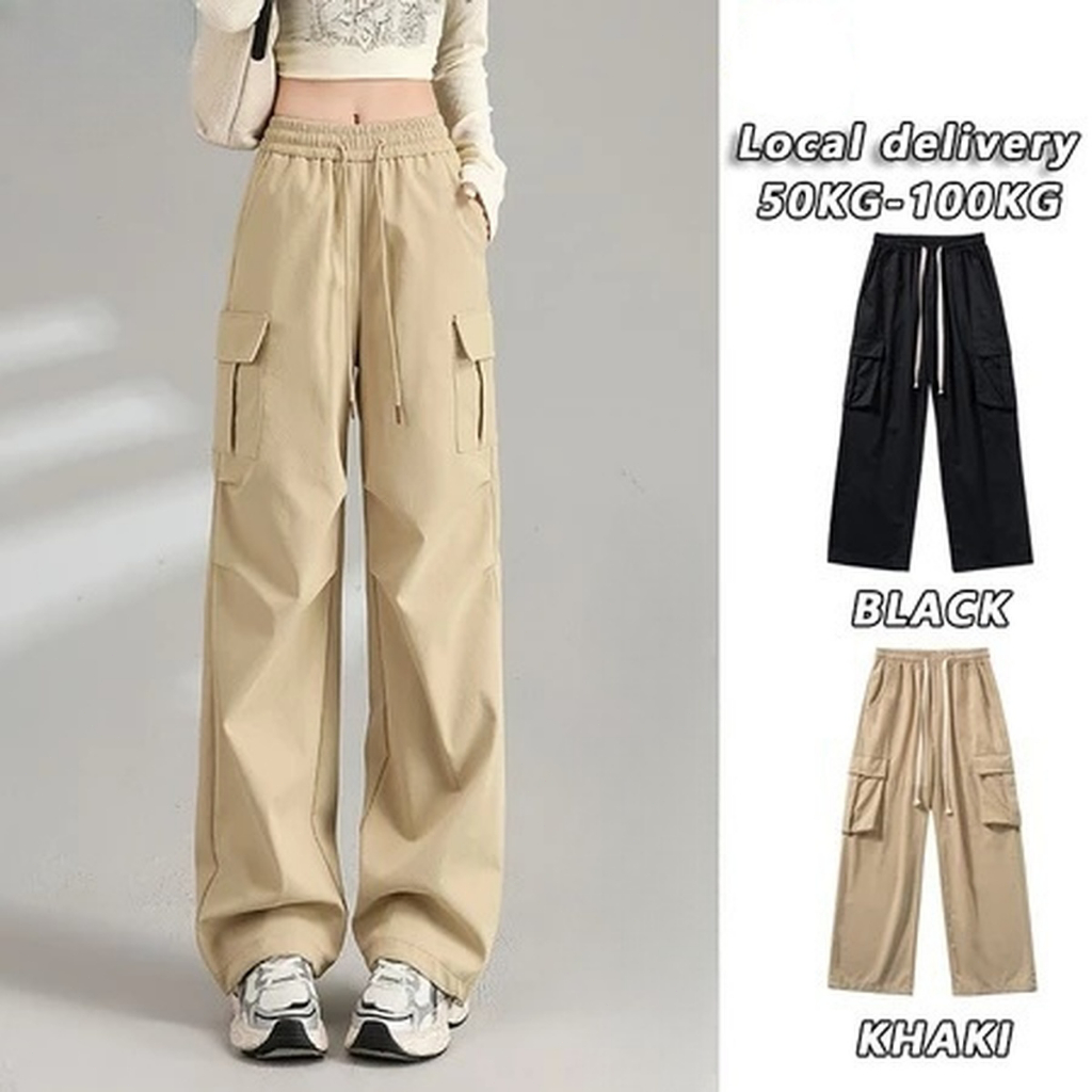 สไตล์เกาหลี5 สี Cargo pants baggy กางเกงพริ้ว เสื้อผ้าแฟชั่นผู้หญิง กระเป๋า 4 ใบ กางเกงขายาวผู้หญิง เชือกดึงเข็มขัด