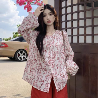 Bella Shop เสื้อเชิ้ตแขนยาวลายดอกไม้สำหรับผู้หญิง ผู้หญิงเสื้อบาง คอกลม สไตล์ย้อนยุคฝรั่งเศส หลวมและสบาย