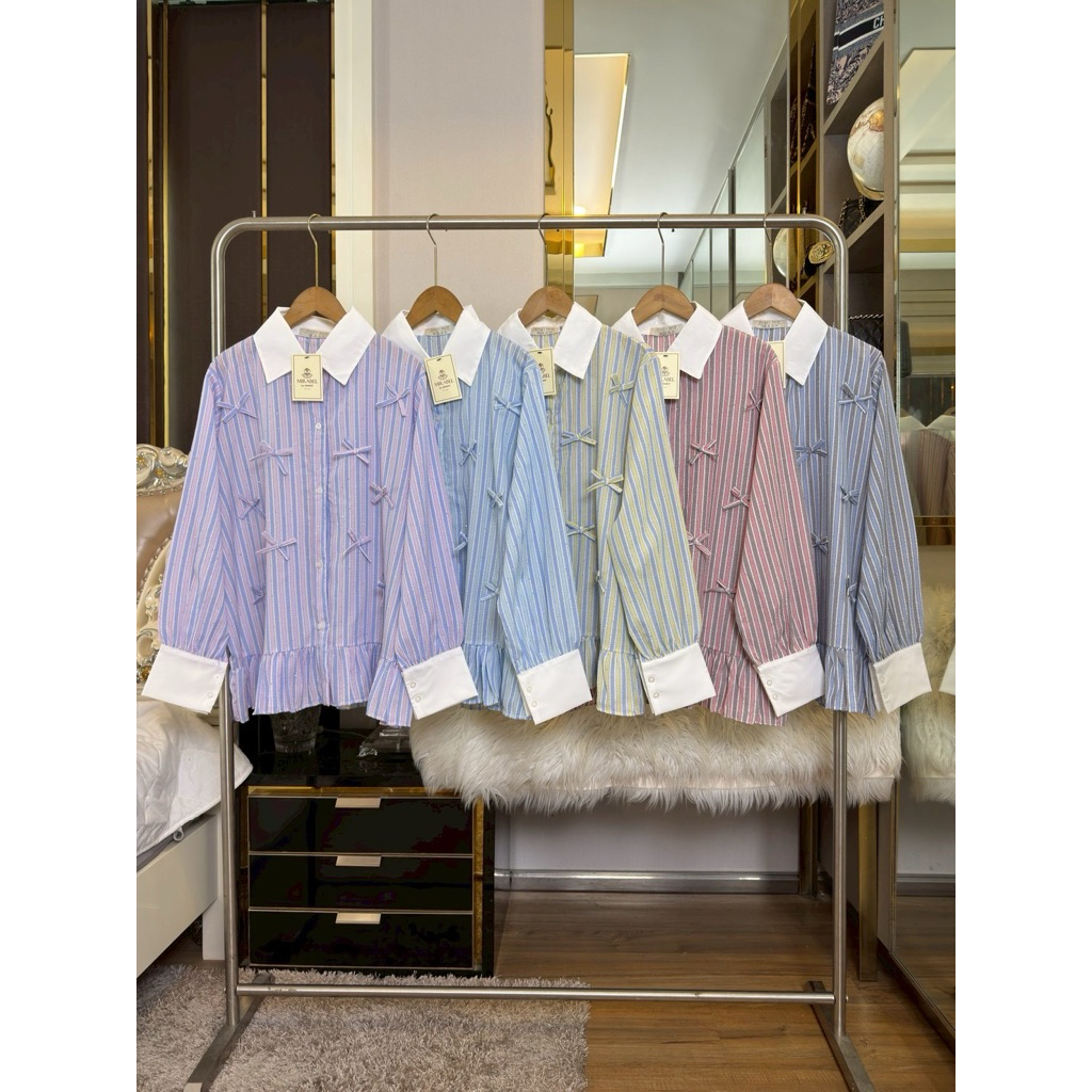 (อก 50“) เสื้อเชิ้ตสไตล์เกาหลี (แต่งชายระบาย) สีทูโทน แต่งโบว์หน้า ✨