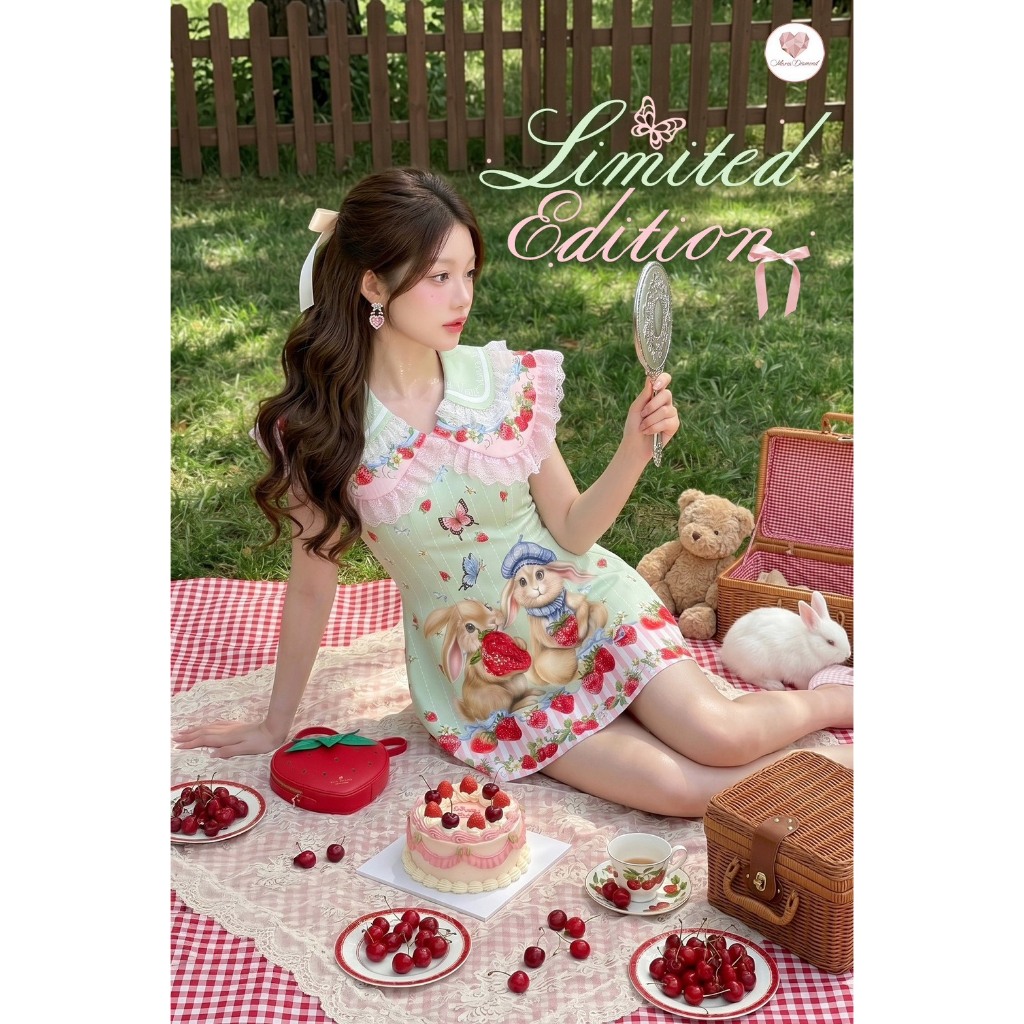 (Limited มี2XL) สีมินท์ Picnic Time Dress เดรสสั้นผ้าไหมเกาหลีพิมพ์ลาย ปกสองชั้น แต่งลูกไม้ชมพู ซิปหลัง มีซับใน