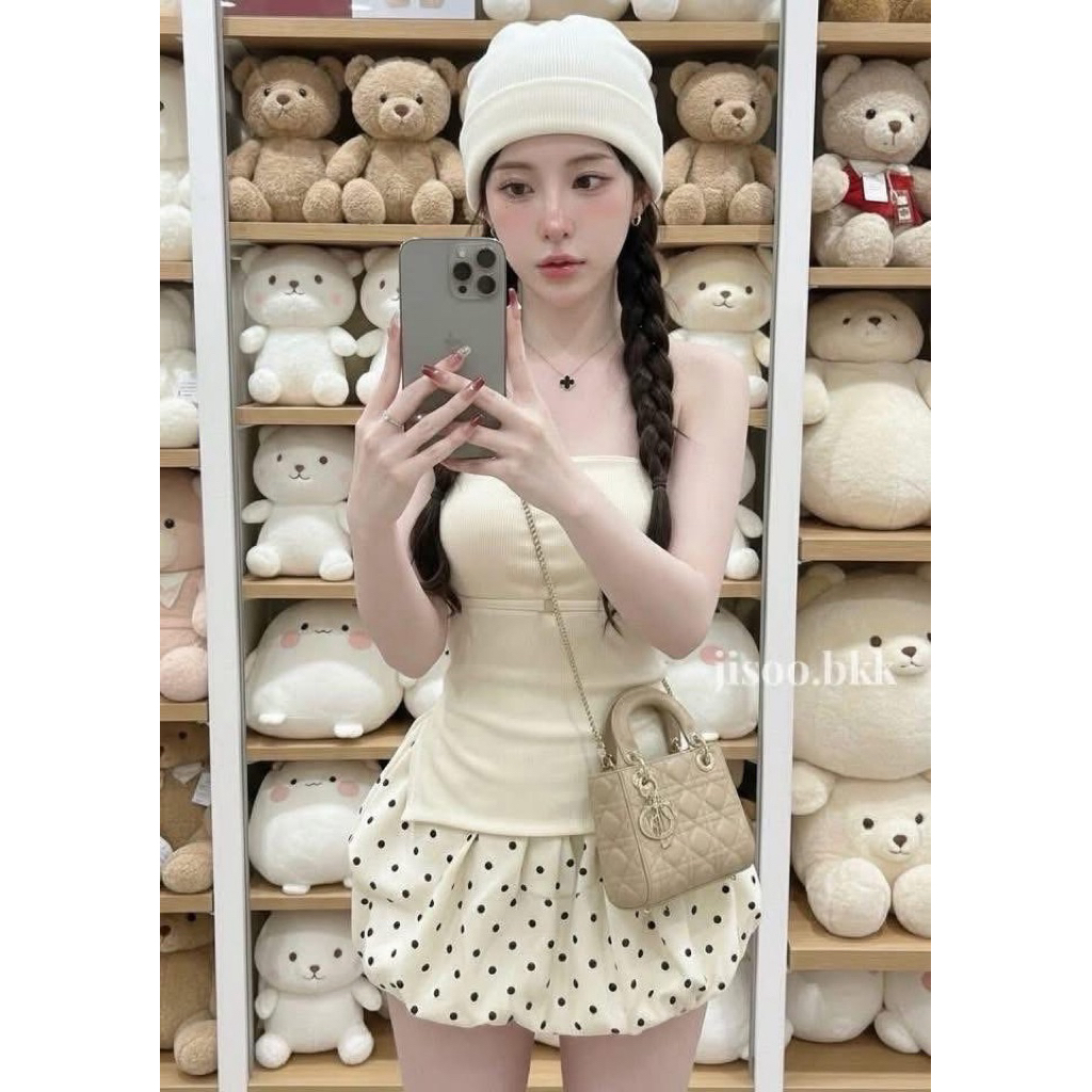 👗พร้อมส่ง👗ชุดเซ็ต2 ชิ้น เกาะอก กระโปรงลายจุด เสริมฟองน้ำ สไตล์เกาหลี