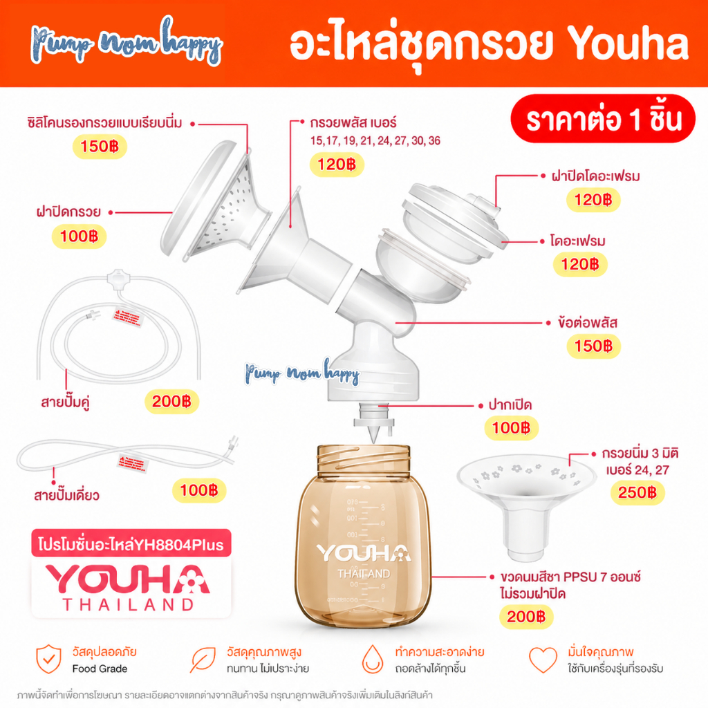 เลือกอะไหล่กรวยปั๊มนม Youha Plus พร้อมขวด PPSU ทนทาน ใช้งานยาวนาน
