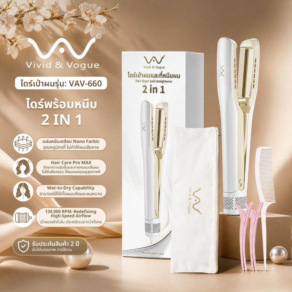 Vivid&Vogue High-speed เครื่องหนีบพร้อมไดร์2in1 หนีบพร้อมไดร์ผมตรง จากเปียกสู่ผมแห้งใน3นาที ให้ผมตรง เงา นุ่มลื่น