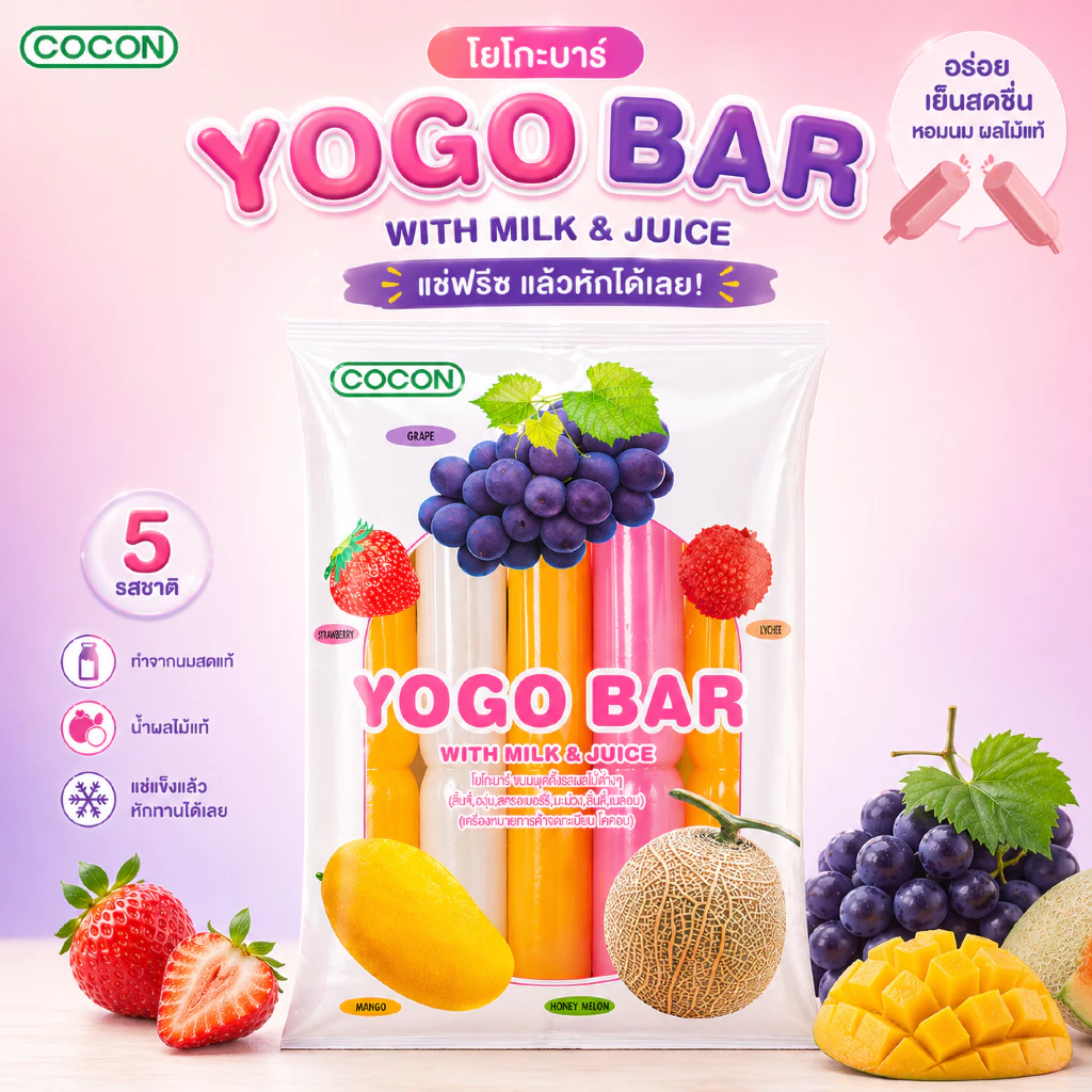 [4 แถม 1][สต๊อกใหม่] Cocon โยโก้บาร์ ไอศกรีมนมพุดดิ้งรสผลไม้ต่างๆ