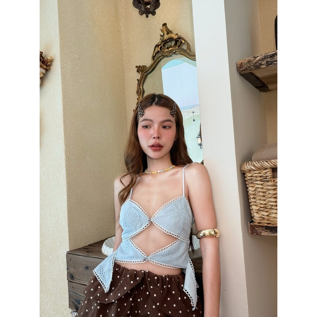 𝐍𝐞𝐰 𝐓𝐚𝐠 สายเดี่ยวSunnyสีฟ้า,กางเกง Polka dotน้ำตาล Sz.S,M ป้ายPitcha-พิชชา (พร้อมส่ง)