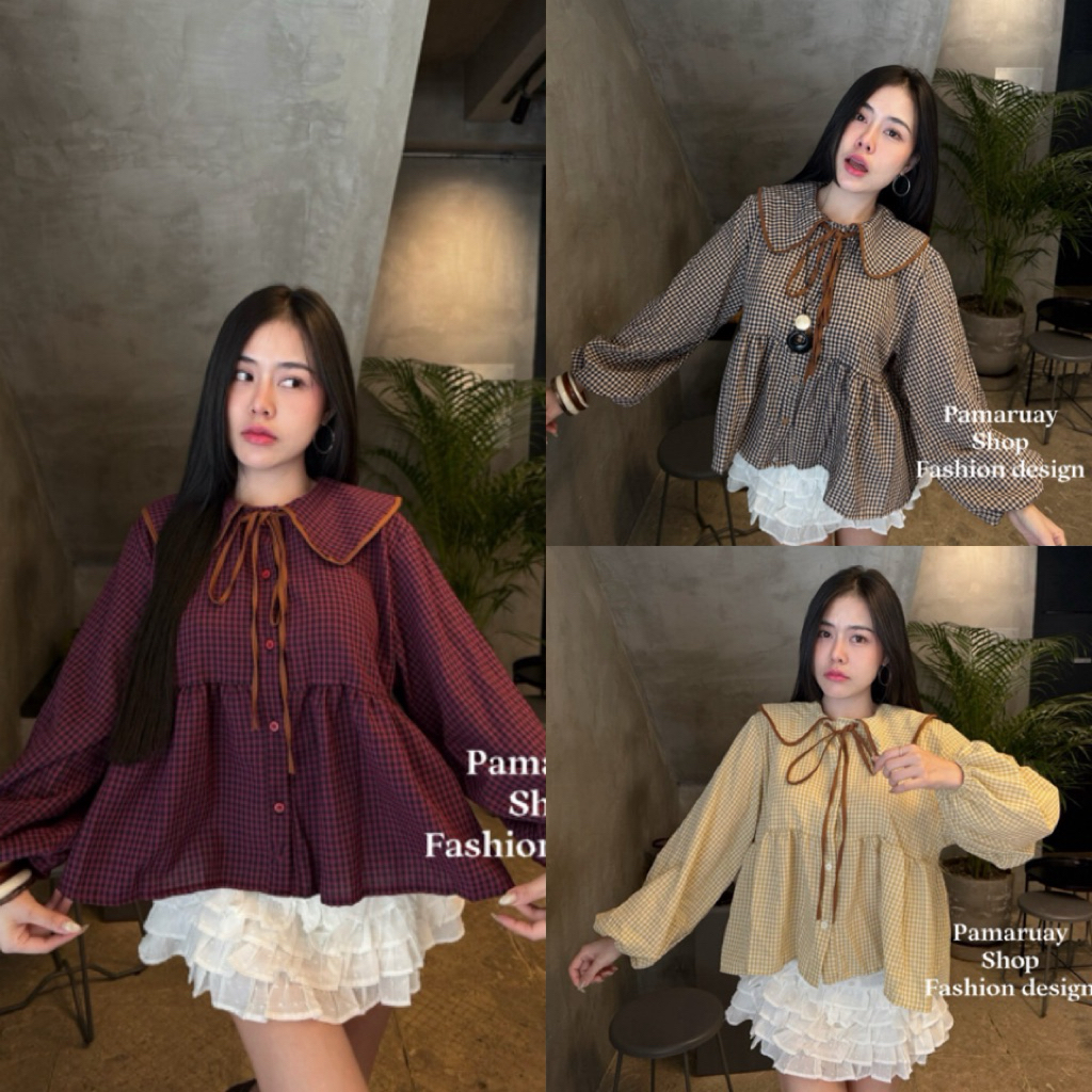 💕ShopBypuy💕เสื้อคอบัวแขนยาวลายสก็อต