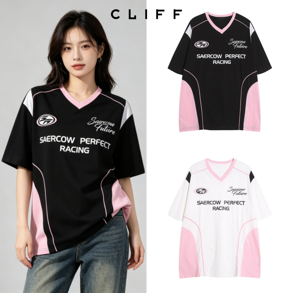 CLIFF เสื้อยืดคู่รัก ลำลอง คอวี หลวม ผู้ชาย ผู้หญิง สีโทนเดียวกัน แฟชั่นสวยงาม เรียบง่าย