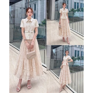 THE CLOSETA : LB203 ชุดเสื้อคอปกแขนสั้นกระดุมหน้า+กระโปรงลูกไม้สีขาวใส่งานบุญสวยหรู