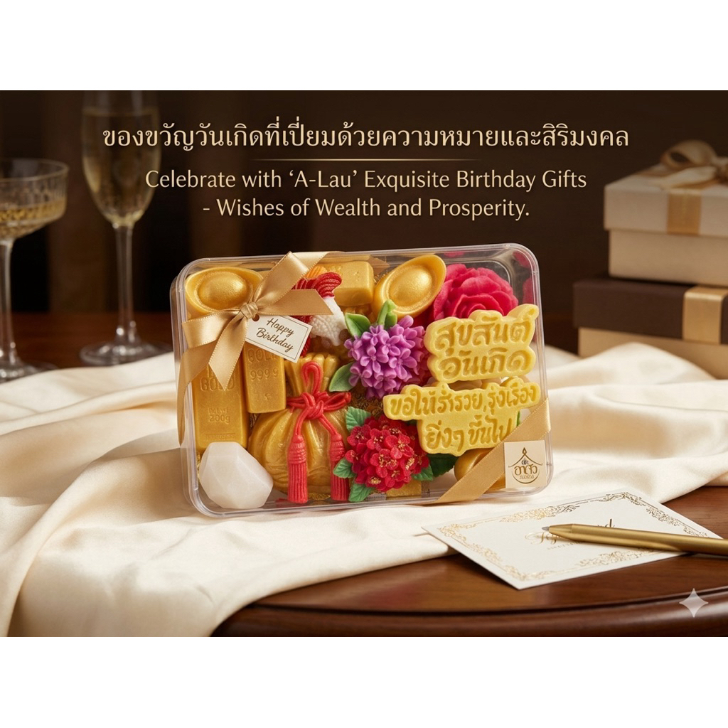 อาลัวชุดอวยพรวันเกิด(กล่องกลาง)เงินทอง,ดอกไม้,ขนมหอมอร่อย สวยงามผู้รับประทับใจแน่นอนค่ะ