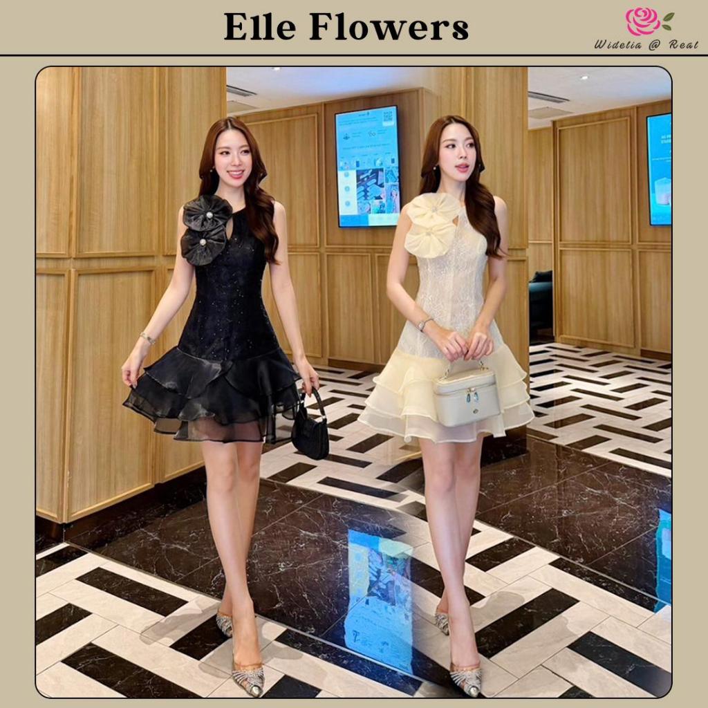 Widelia มีให้เลือก2 สี Belle Flowers Dress เดรสแขนกุด อกเย็บดอกไม้คู่ เกสรเพชร เนื้อผ้าลูกไม้ปักเลื่อม ชายเดรสเย็บระบาย – โปรปัง