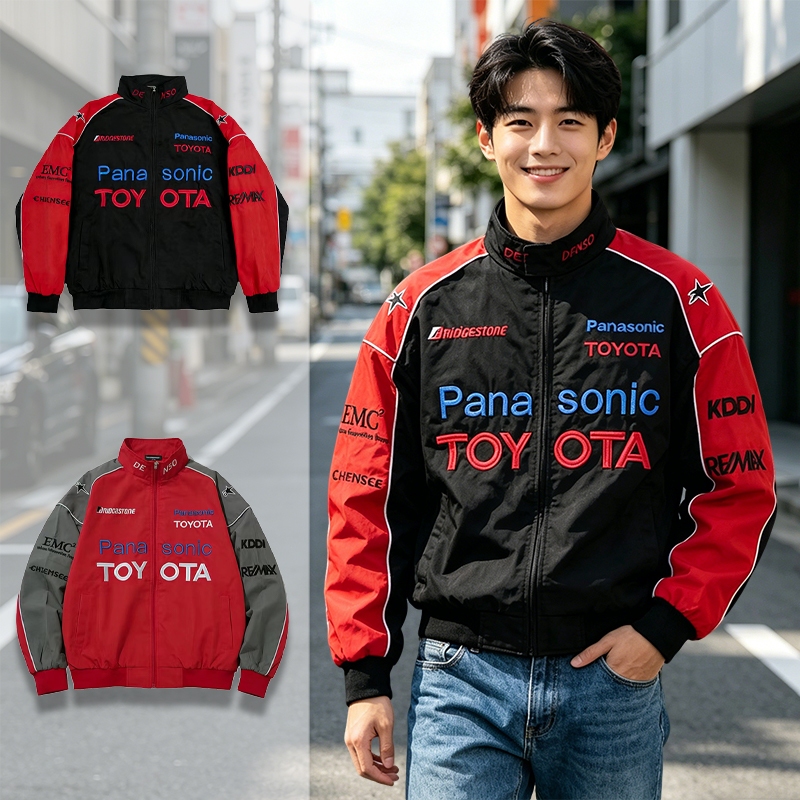 【พร้อมส่ง】F1 Toyota เสื้อแจ็กเก็ตรถแข่ง งานปักทั้งตัว อเมริกันย้อนยุค แฟชั่นชุดคู่รัก แขนยาว กันน้ํากันลม รุ่นซิปรูด