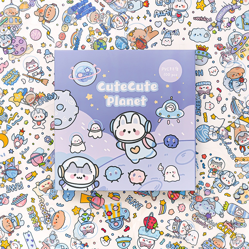สติ๊กเกอร์ PVC 100 แผ่น ลายการ์ตูนน่ารัก CuteCute Planet กันน้ำ สำหรับตกแต่งสมุด Diary DIY