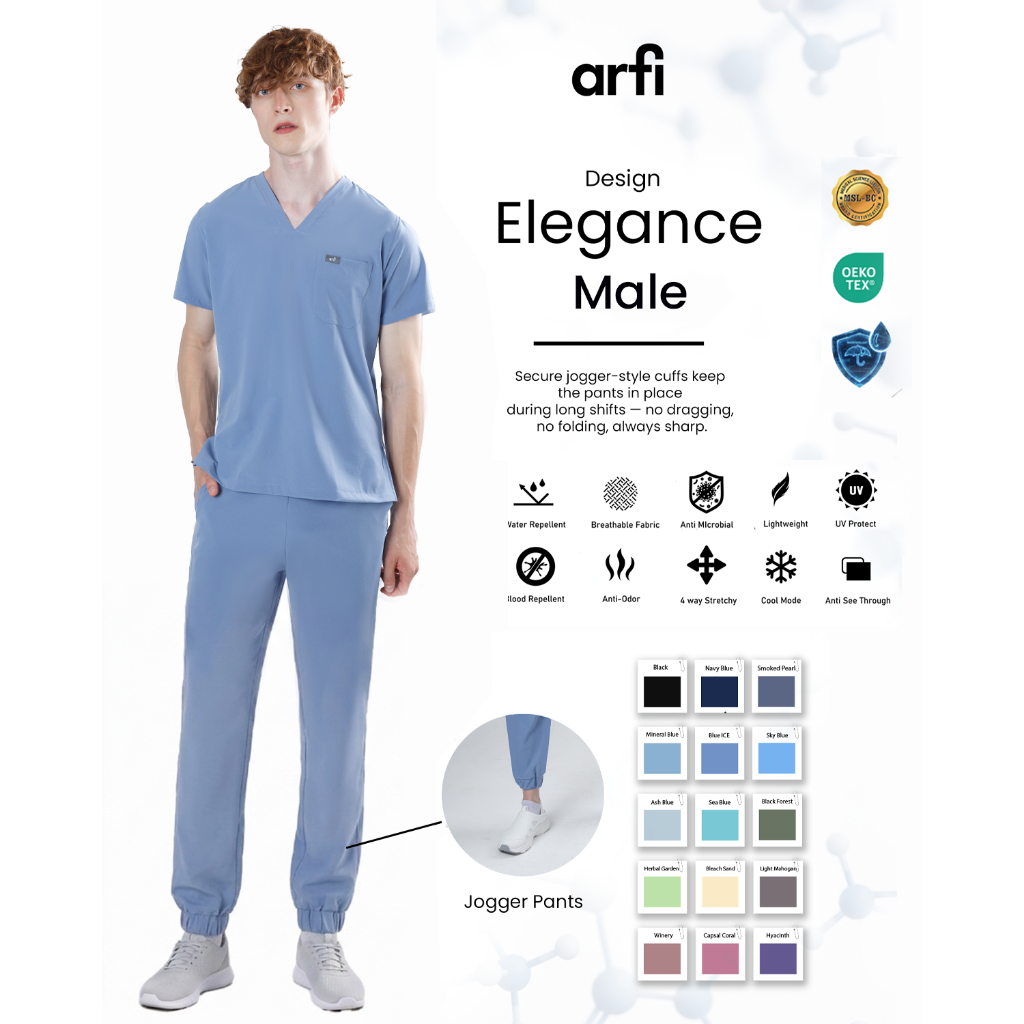 Arfi Scrub Elegance Male Set ชุดสครับรุ่นขาจั๊มผู้ชาย ผ้าสะท้อนน้ำ ป้องกันแบคทีเรีย ยับยาก ผ้ายืด 4 