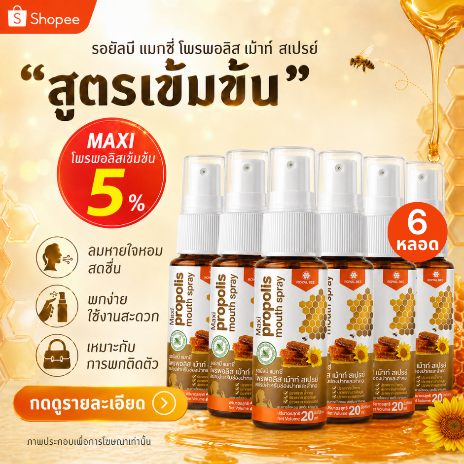 6 หลอด Propoliz โพรโพลิซ สเปรย์สำหรับช่องปาก สูตร MAXI เข้มข้น Propolis Mouth Spray 20ml