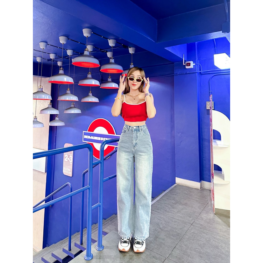 Apollo jeans🍋กระบอกลิซ่า2ความยาวสียีนส์อ่อนกางเกงยีนส์เอวสูงขากระบอกใส่สบายพลางหุ่น