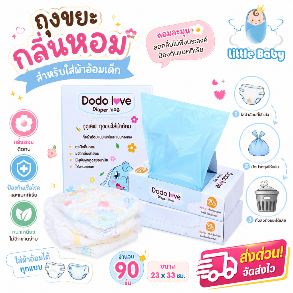 ส่งด่วน  LitteBaby X DoDolove ถุงขยะกลิ่นหอม เก็บผ้าอ้อมสำหรับเด็ก ถุงขยะ อเนกประสงค์ ถุงขยะ
