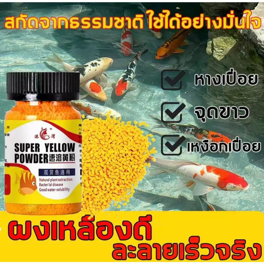 ผงเหลืองญี่ปุ่น ผงเหลืองแบคทีเรีย น้ำยาฆ่าเชื้อตู้ปลาทอง ผงเหลืองเม็ดสำหรับปลาคาร์ปและปลาสวยงาม (65 กรัม)