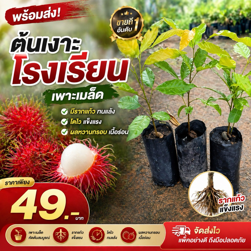 [พร้อมส่ง] ต้นเงาะโรงเรียน (เพาะเมล็ด) มีรากแก้ว ทนแล้ง โตไว ผลหวานกรอบ เนื้อร่อน ต้นแข็งแรง [ราคา 49 บาท]