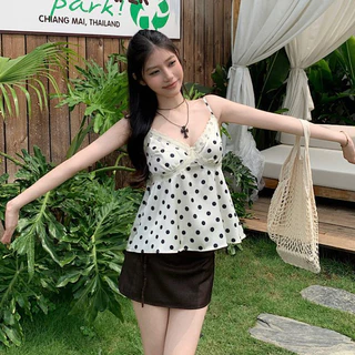 Elly พร้อมส่ง🦄เสื้อสายเดี่ยวลายจุด🦄แต่งตัวสวยสไตล์เกิร์ล สไตล์ยูริ น่ารักเซ็กซี่ แต่งตัวไปเที่ยวได้