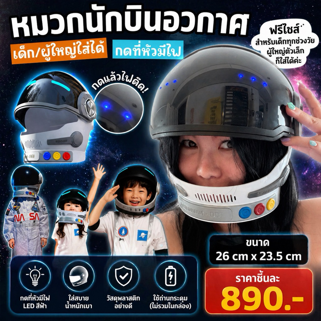 หมวกนักบินอวกาศ ฟรีไซส์สำหรับเด็กทุกช่วงวัย ผู้ใหญ่ตัวเล็กก็สามารถใส่ได้(FANCY482)