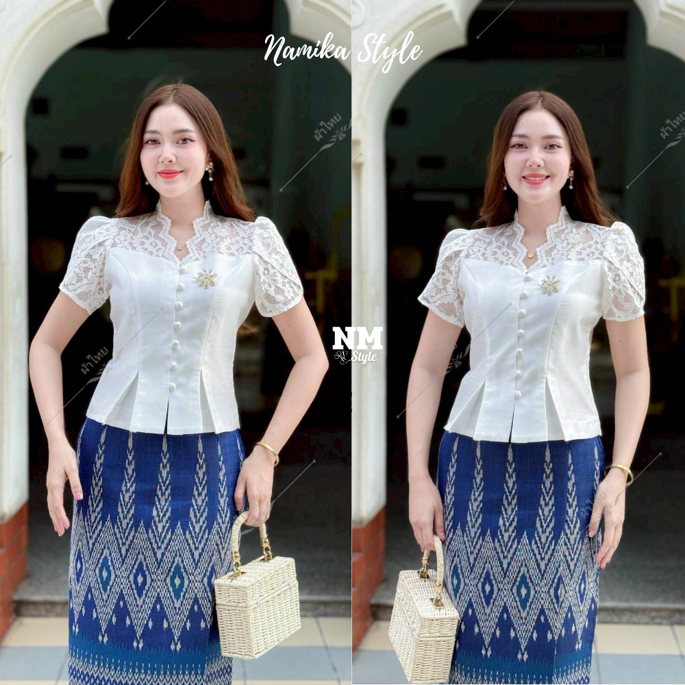 เสื้อไหมสี่เส้น แต่งลูกไม้ แขนกลีบบัว งานชายระบาย พรางหุ่นสวย ใส่ไปวัดทำบุญสวยมาก