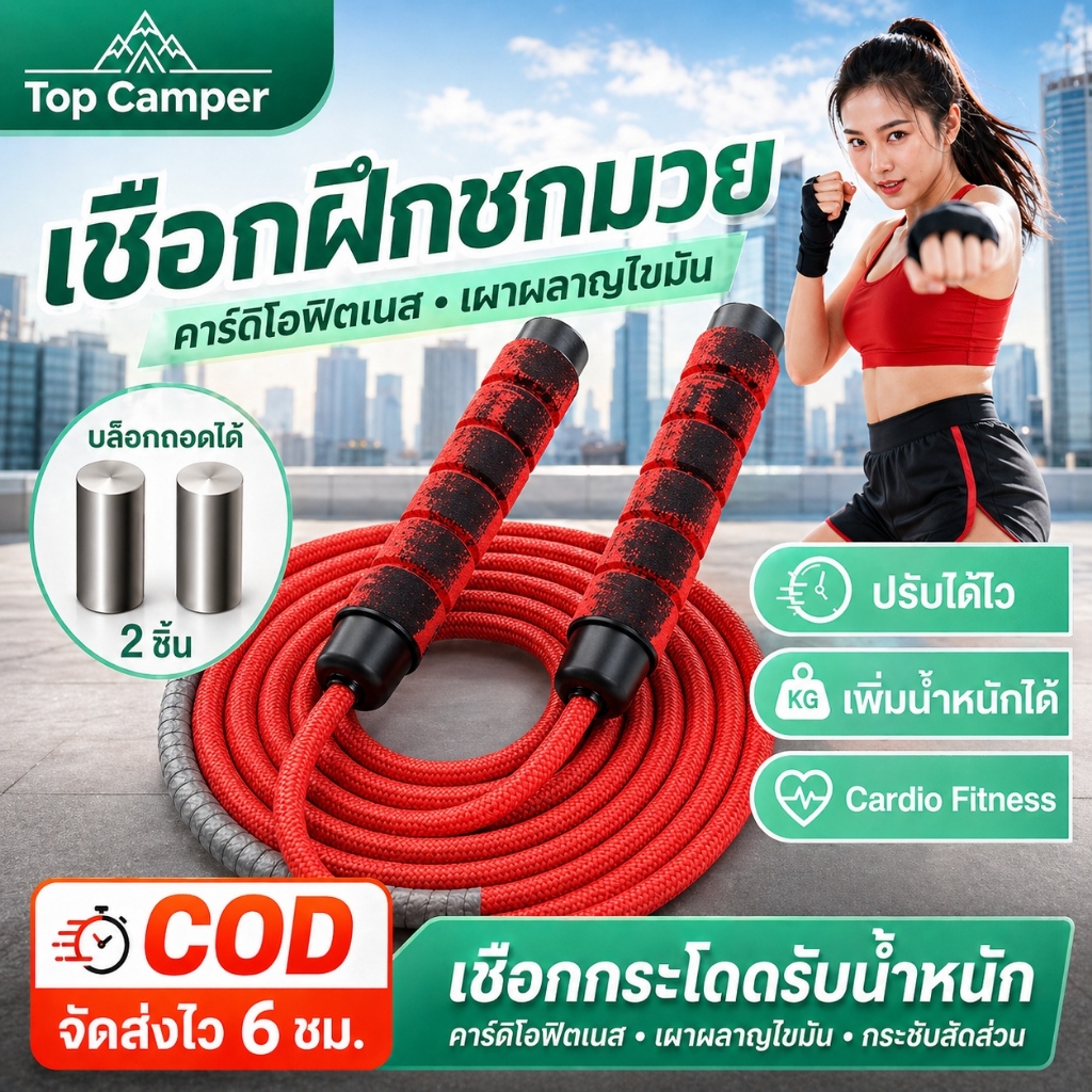 TopCamper 2026 เชือกนักมวย เชือกกระโดด เชือกหนาขึ้น มีก้อนเหล็กในนั้น เชือกฝึกความแข็งแรงแบบเร็ว