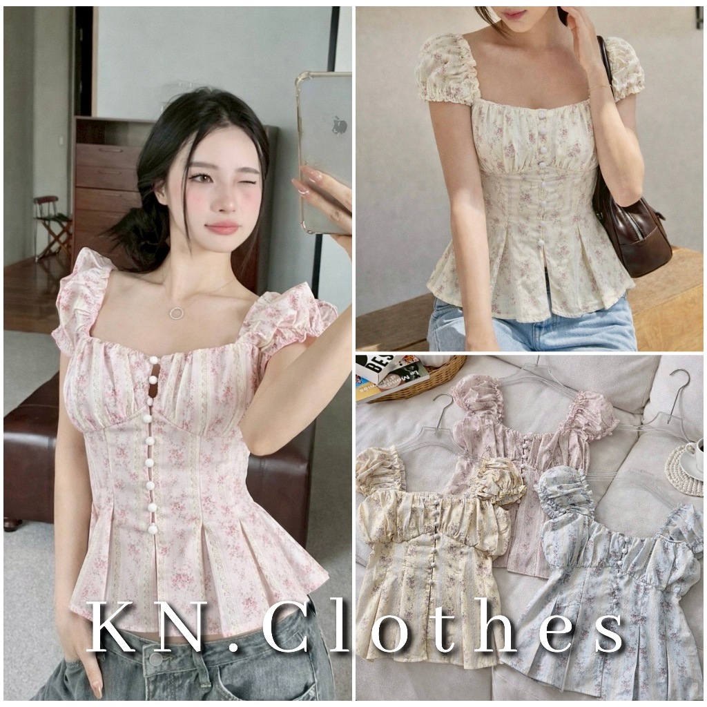 Molly top : เสื้อแขนตุ๊กตา เย็บจีบหน้าอก กระดุมมุก จับจีบชายเสื้อ สม็อคหลัง KN.Clothes