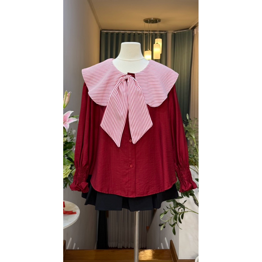 เสื้อแขนยาว คอปกใหญ่ แต่งโบว์หน้า •ปลายแขนสม็อค• รูปที่ 4