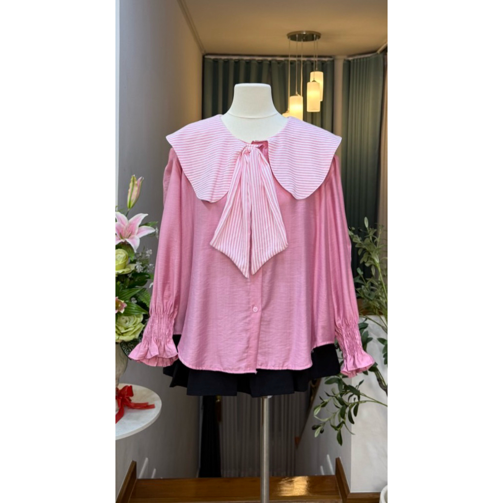 เสื้อแขนยาว คอปกใหญ่ แต่งโบว์หน้า •ปลายแขนสม็อค• รูปที่ 5