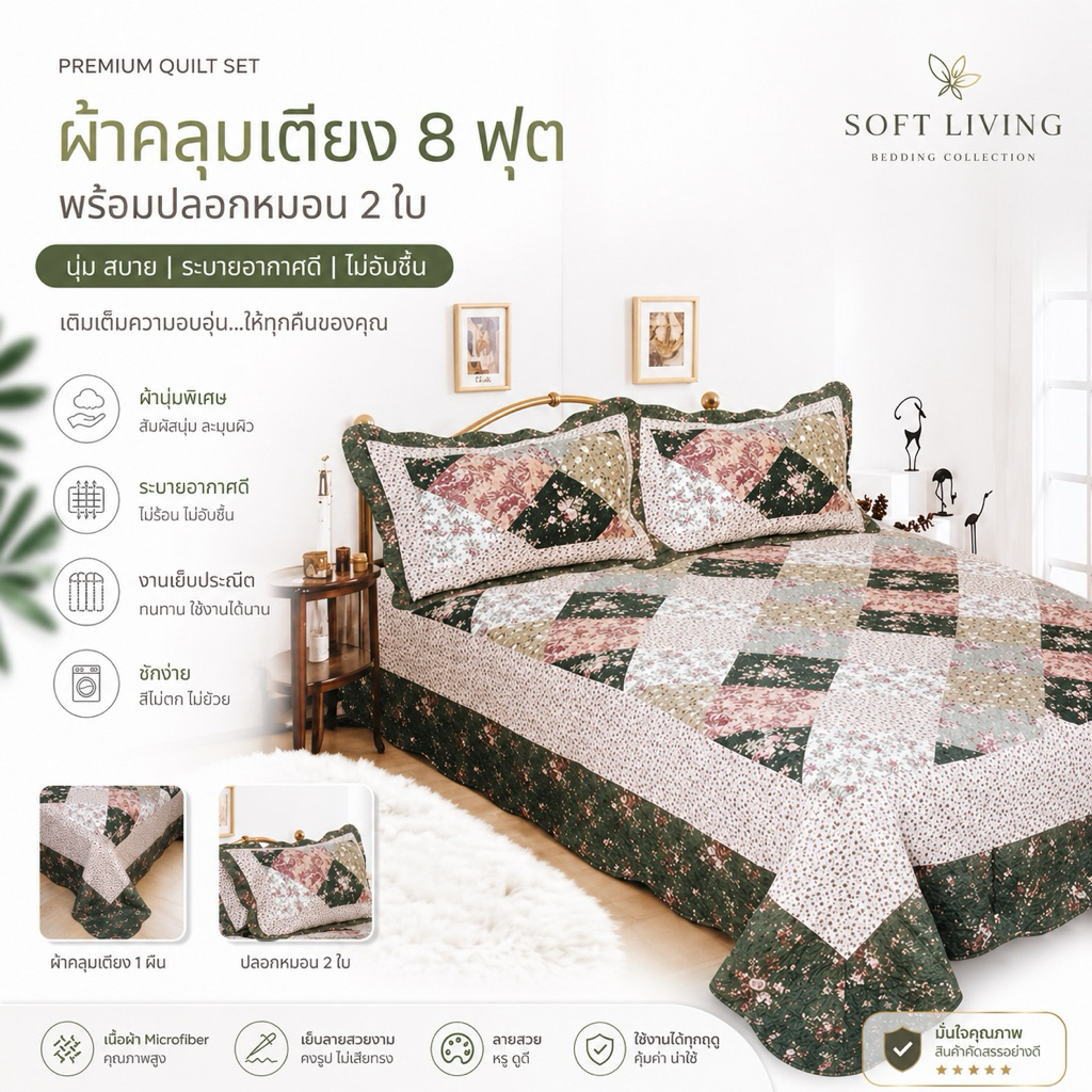 ผ้าคลุมเตียง 8 ฟุต ขนาดใหญ่สุด ผ้าฝ้ายแท้ 100% นุ่ม ไม่ระคายผิว แถมปลอกหมอนคู่