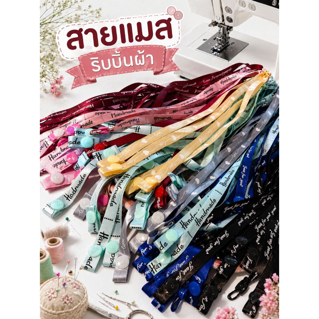 สายคล้องคอหน้ากากอนามัยสายริบบิ้นผ้ากระดุมพลาสติก
