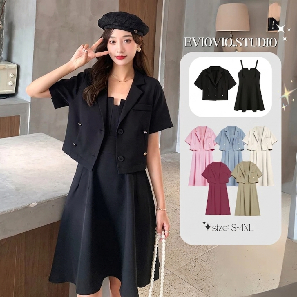【EVIOVIO】S-5XL ชุดเซ็ตสองชิ้น เบลเซอร์ตัวสั้น + เดรสสายเดี่ยว ช่วยพรางหุ่น เดรสสาวอวบ พลัสไซซ์
