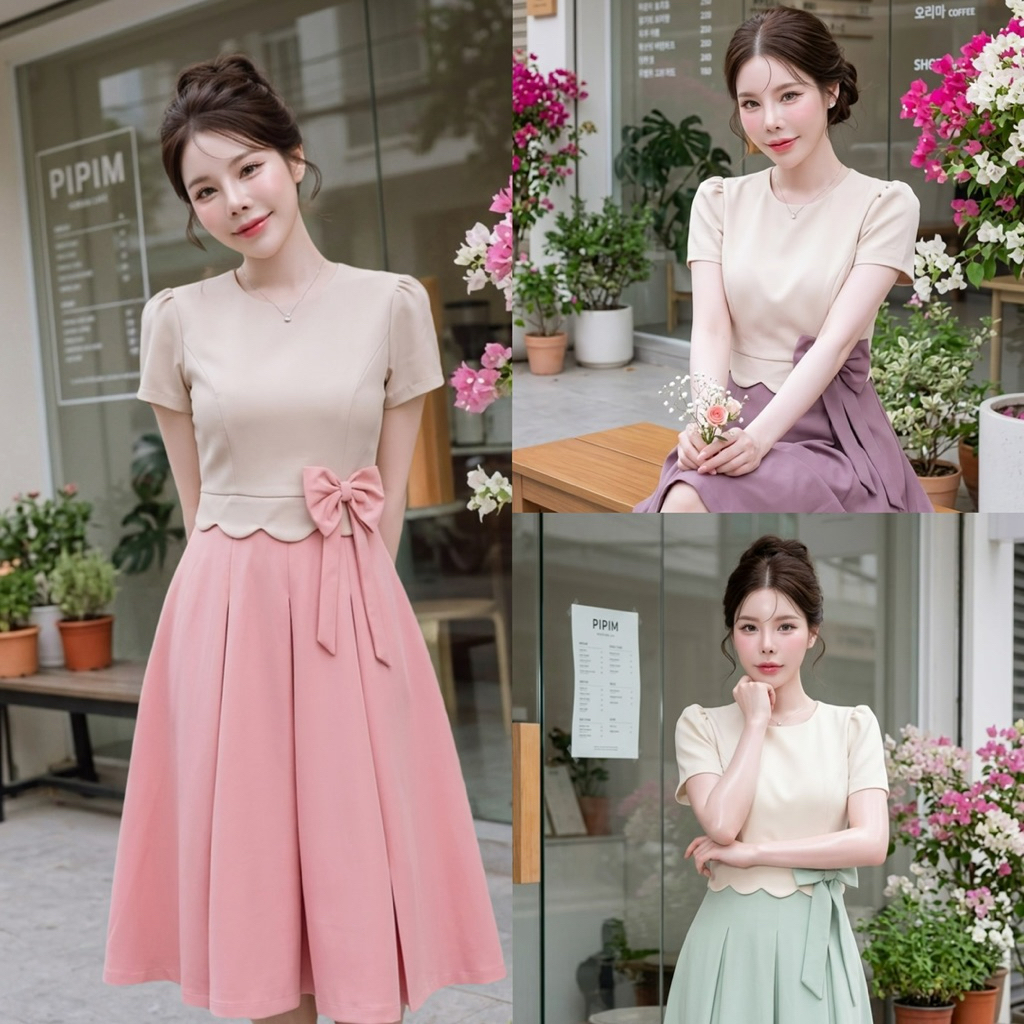 D36 เดรสเสื้อทูโทนระบาย ติดโบว์ที่เอว ไซส์ S-3XL ความยาว 40-41 นิ้ว
