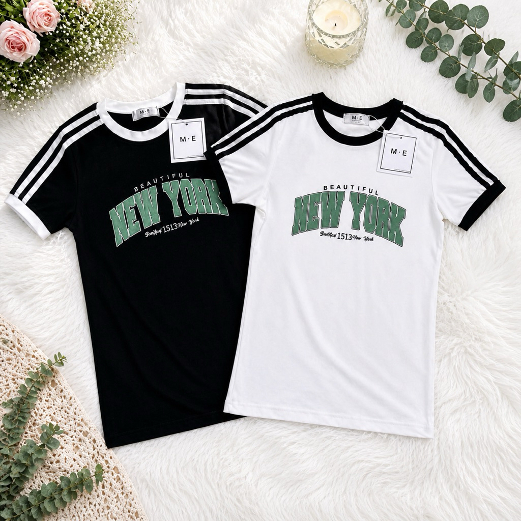เสื้อยืดคอกลมแขนสั้น แต่งแถบ รีดเพชรลาย NEW YORK ป้าย ME