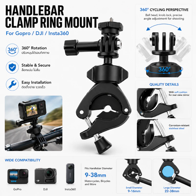 Telesin Gopro / DJI / Insta360 Lightweight Tube Clamp Ring Mount ตัวยึดแคลมป์แบบวงแหวน (TE-HBM-004) thumbnail 3