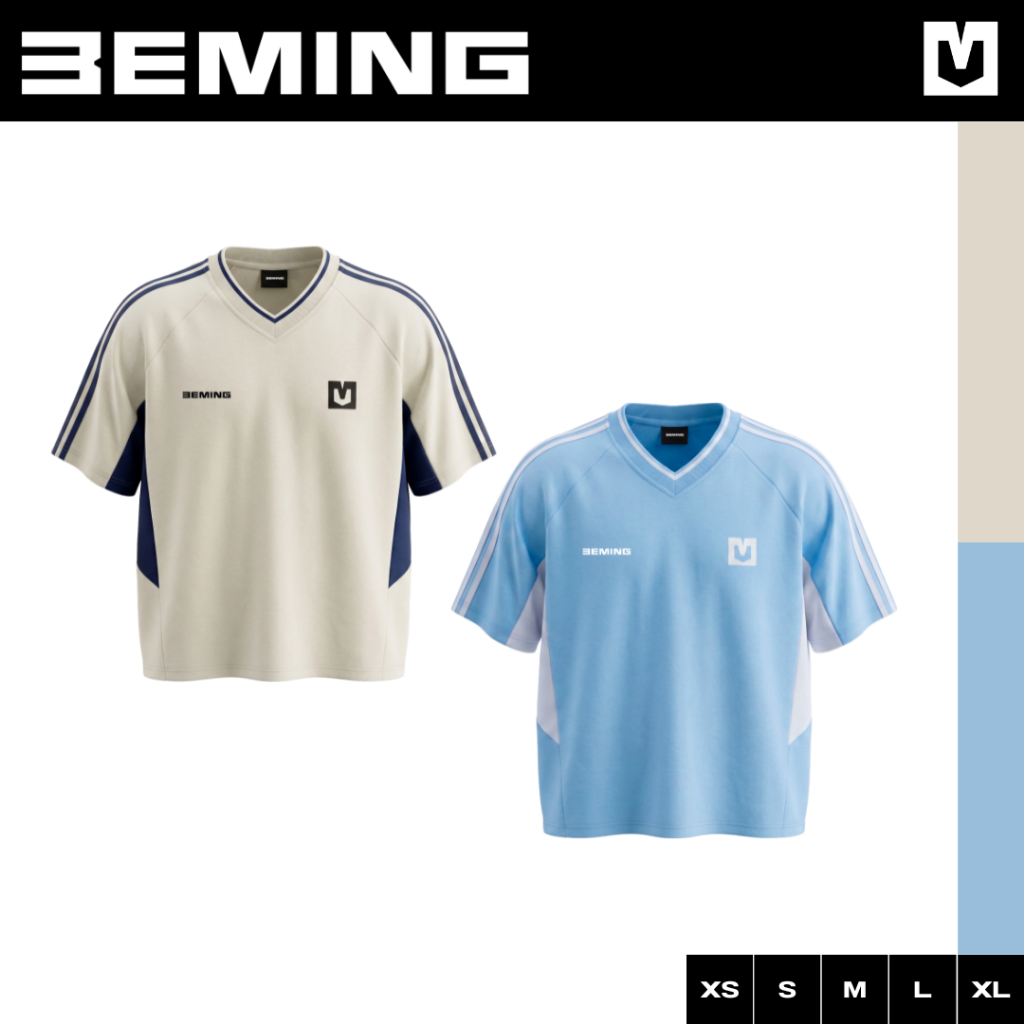 Bemingtop1185(XS-XL) -Javis Tee - เสื้อทรงสปอร์ตดีไซน์คอวีแถบเส้นที่ช่วงแขนและดีเทลตัดสีด้านข้าง