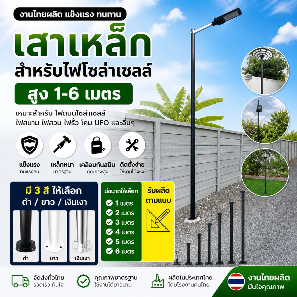 เสาเหล็กสำหรับไฟโซล่าเซลล์ งานไทยแข็งแรง 1-6เมตร ดำ/ขาว/เงินเงา พร้อมส่ง
