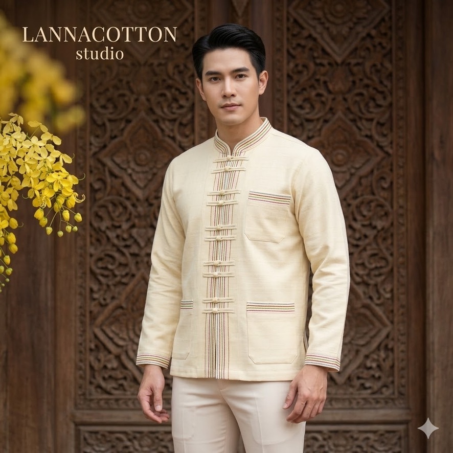 เสื้อชายกระดุมคู้ คอจีน แขนยาว สีฟ้าคราม สีชานม สีครีมไข่ สีเขียวมิ้น สีเหลือง