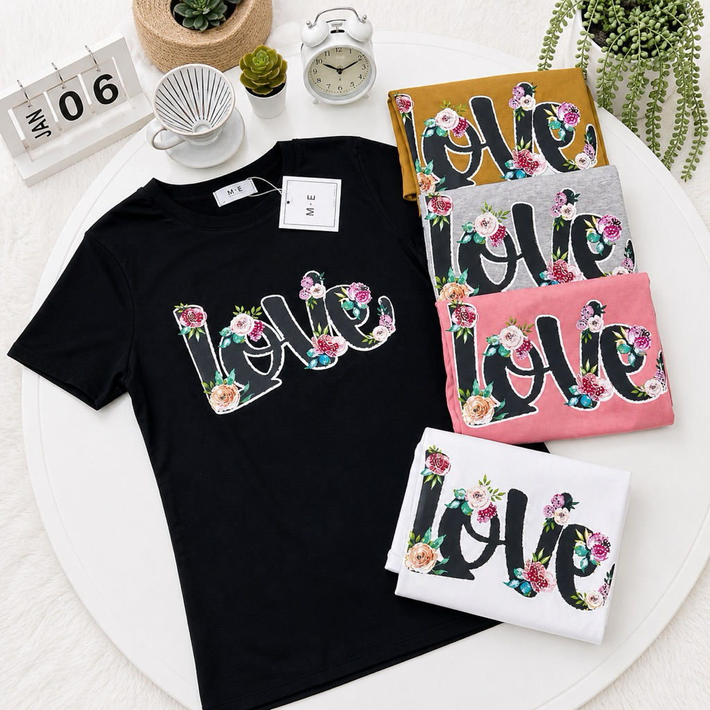 เสื้อยืดคอกลมแขนสั้น รีดเพชรลายดอกไม้ LOVELY ป้าย ME